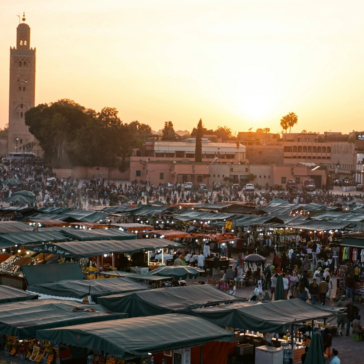 Things to do in Marrakech – Jemaa el-Fna square at sunset with the Koutoubia Mosque in the background